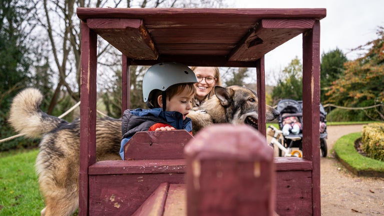 A child, dog and woman on the christmas trail at Hughenden sitting on a wooden train.